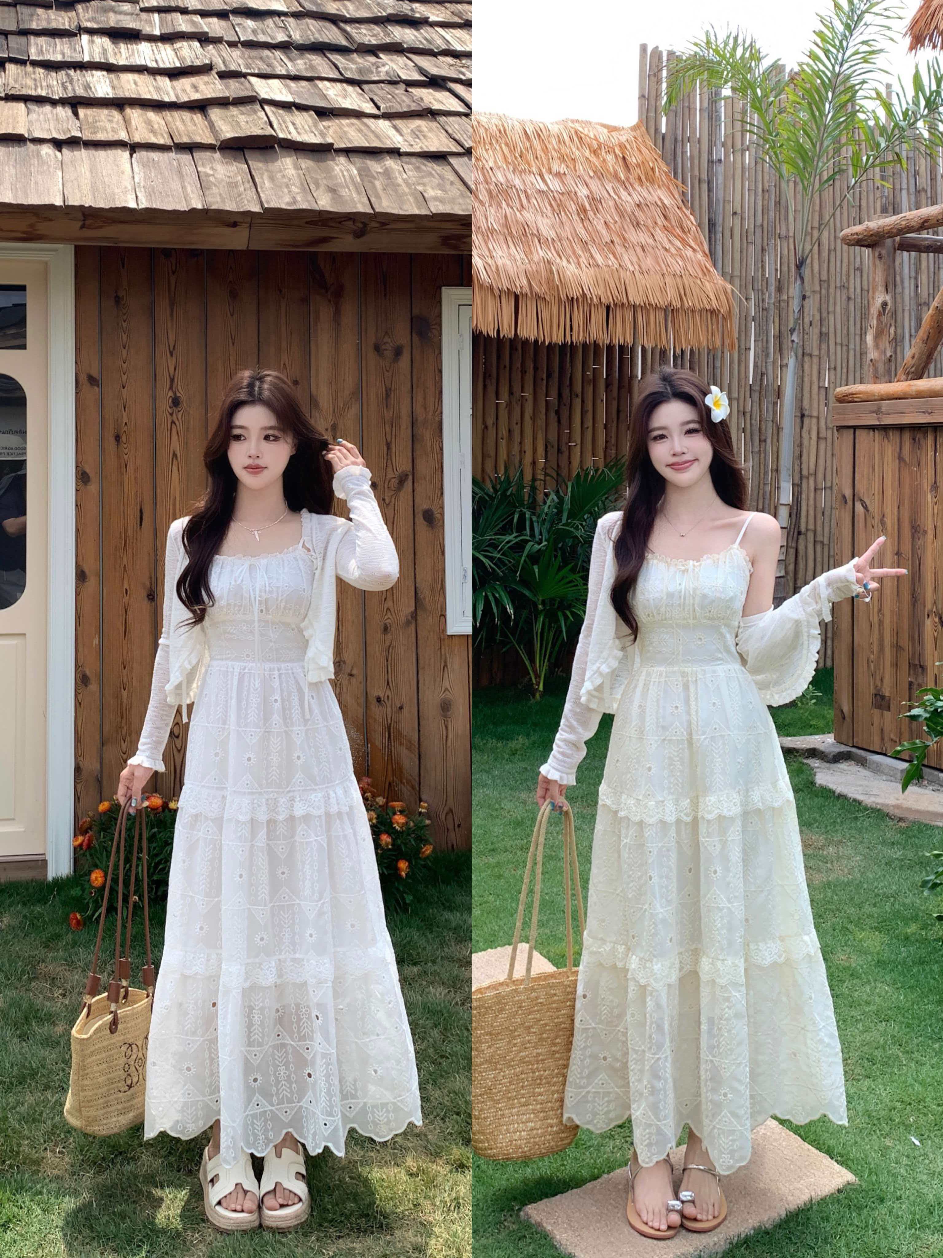 실사 빅 사이즈 봄 여름 부드러운 슬립 드레스 레이스 자수 무거운 작업 드레스 휴가 롱 스커트 허리 수축 슬림해 보이는