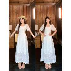 批发大码法式方领刺绣连衣裙女夏季新款高级感小白裙胖MM显瘦收腰裙子