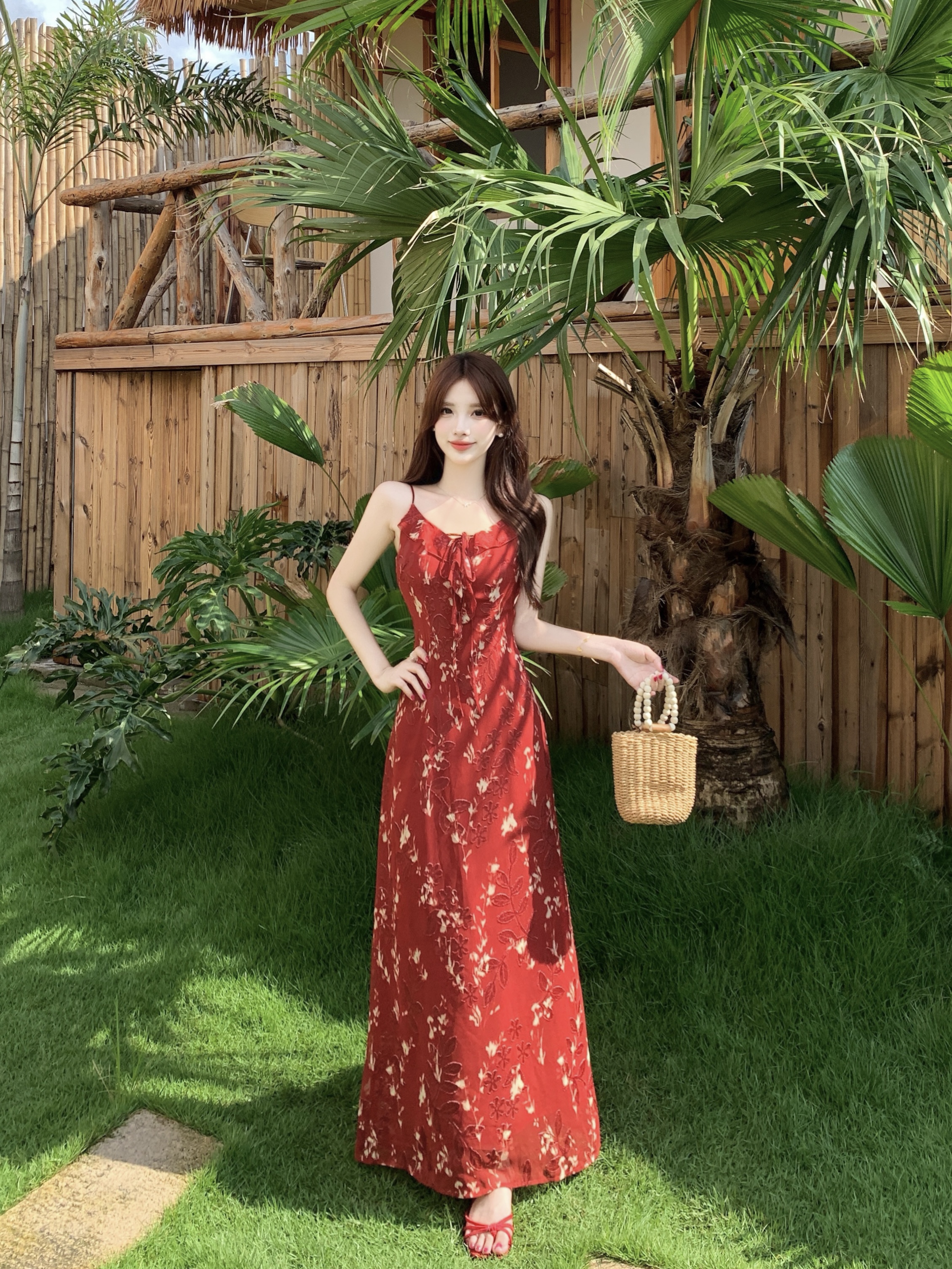 실사 빅 사이즈 레트로 전단 꽃 자수 휴가 바람 여성 드레스 여름 가벼움 쉬폰 빨간색 슬립 롱 스커트
