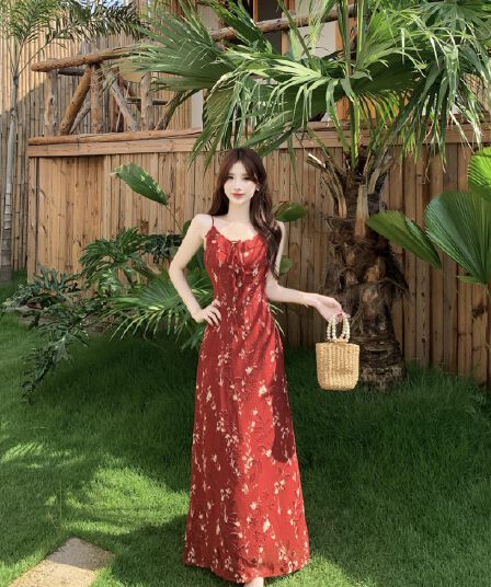 실사 빅 사이즈 레트로 전단 꽃 자수 휴가 바람 여성 드레스 여름 가벼움 쉬폰 빨간색 슬립 롱 스커트