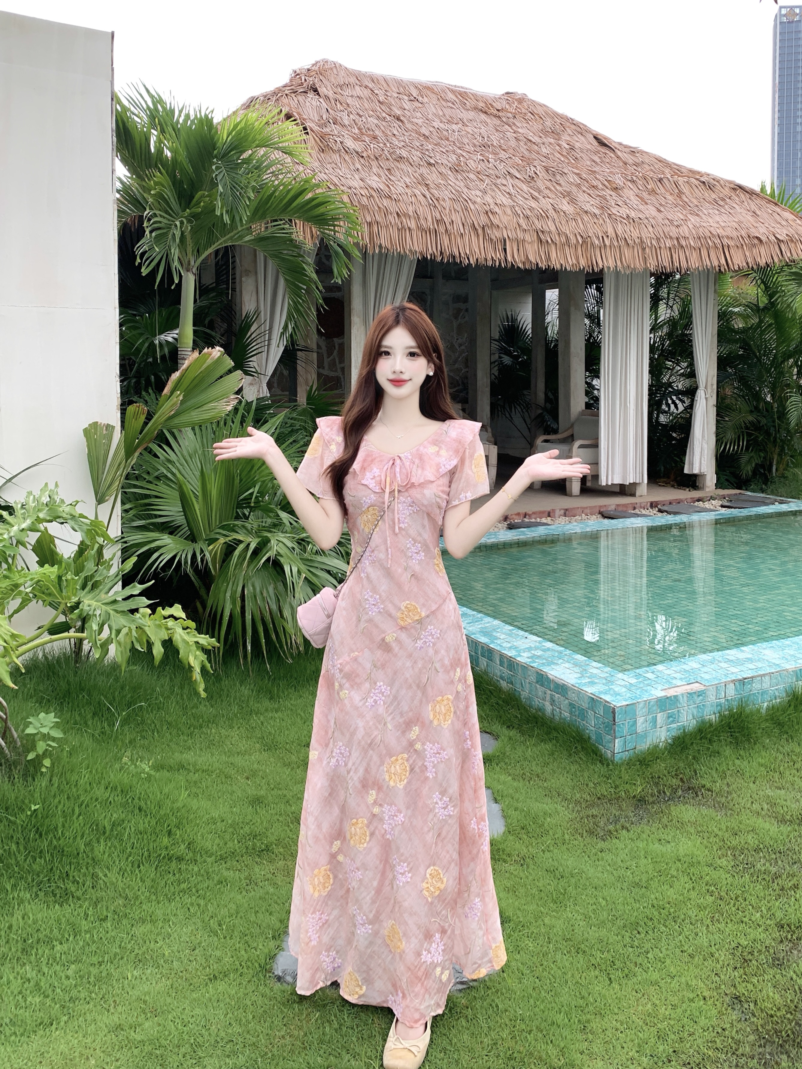 실사 빅 사이즈 핑크색 무거운 작업 자수 꽃무늬 치마 여성 드레스 여름 프릴 허리 수축 프랑스식 길다 치마
