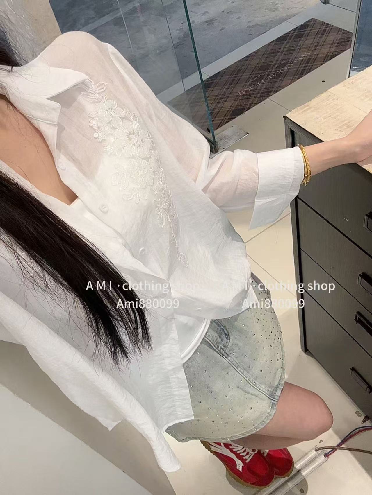 질감 센스 무거운 작업 자수 화이트 여성 셔츠 여름 루즈핏 느긋한 바람 출퇴근 다용도 통기성 자외선 차단 맨위