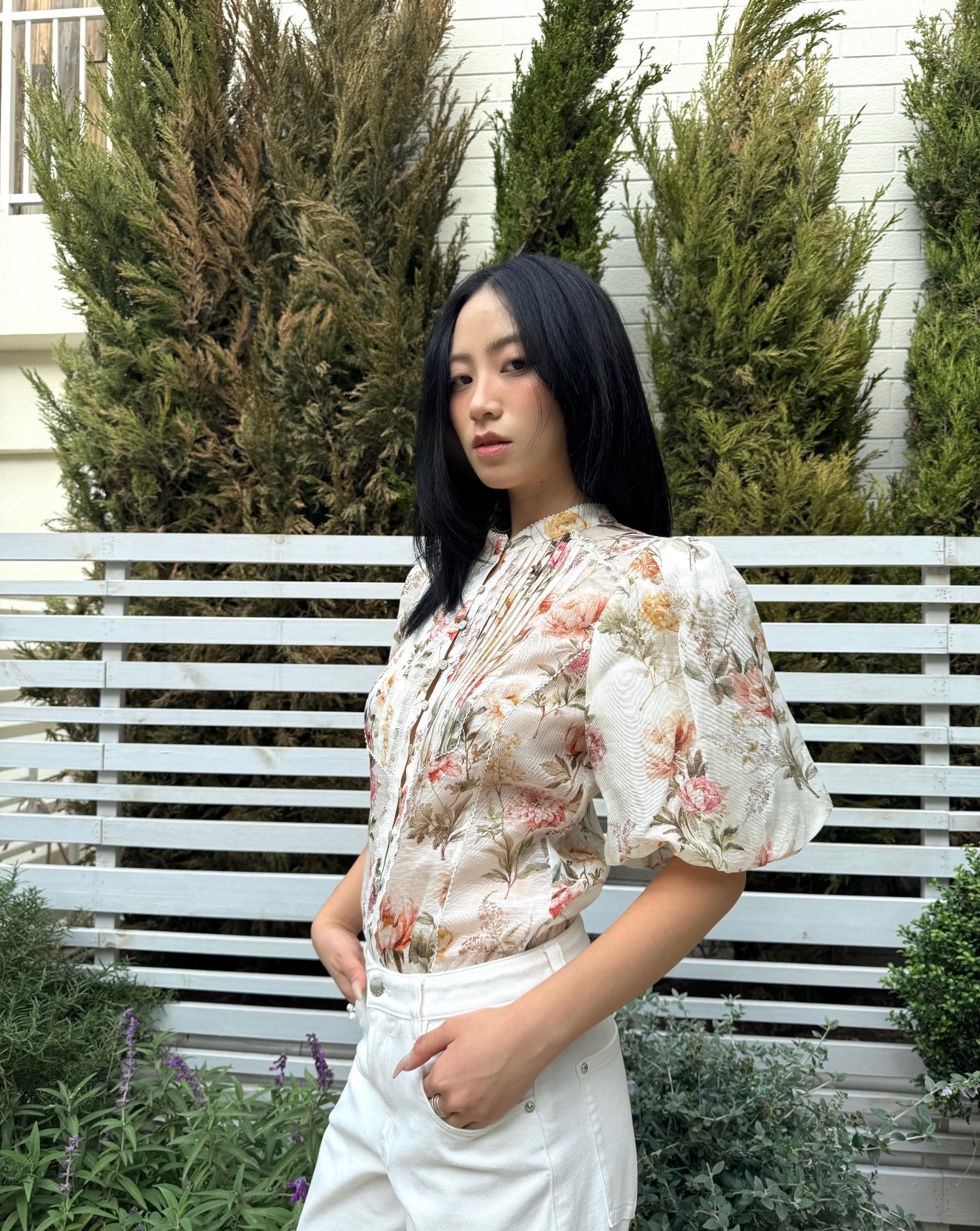 영국식 여성 Jue 프린트 실크 아마 허리 수축 거품 소매 셔츠