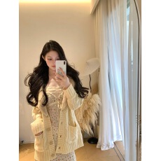 批发小香风<b class='q'>针织</b>衫外套女名媛大翻领皮毛一体拼接毛衣开衫收腰系带上衣