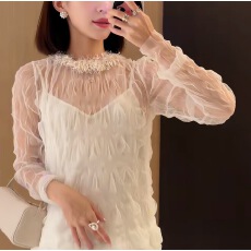批发SO · 26aw 薄纱系列立体褶皱拼接羽毛领缎面吊带+长袖内搭<b class='q'>衬衫</b>
