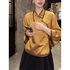 批发2026春夏新中式复古黄色国风斜襟<b class='q'>汉服</b>衬衫女洋气<b class='q'>唐装</b>禅意茶服上衣