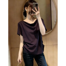 批发法式慵懒荡领宽松<b class='q'>短袖</b>上衣女夏季大码胖妹妹高级复古气质百搭<b class='q'>T</b><b class='q'>恤</b>