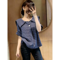 批发休闲复古翻领撞色条纹<b class='q'>衬衫</b>女夏季大码胖妹妹<b class='q'>韩版</b>时尚宽松显瘦<b class='q'>衬衣</b>