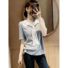 批发洋气设计感蕾丝披肩系带<b class='q'>T</b><b class='q'>恤</b>女夏季大码胖mm<b class='q'>韩版</b>减龄气质短袖上衣