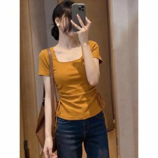 批发南瓜橘色方领正肩短袖<b class='q'>T</b><b class='q'>恤</b>女2026新款夏大码胖mm抽绳收腰<b class='q'>显瘦</b>上衣