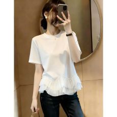 批发设计感下摆网纱拼接短袖<b class='q'>T</b><b class='q'>恤</b>女夏季大码胖mm时尚韩版别致<b class='q'>显瘦</b>上衣