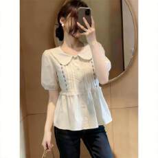 批发<b class='q'>甜美</b>减龄娃娃领刺绣衬衫女夏季大码胖妹妹洋气设计感显瘦漂亮小衫