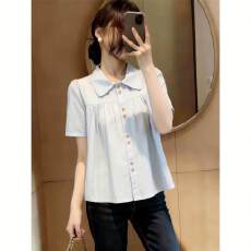 批发韩系减龄娃娃领单排扣衬衫女夏季大码胖妹妹<b class='q'>甜美</b>时尚百搭显瘦衬衣