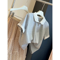 批发韩系灰色娃娃领短袖t恤女夏2026新款小个子蕾丝花边减龄显瘦上衣