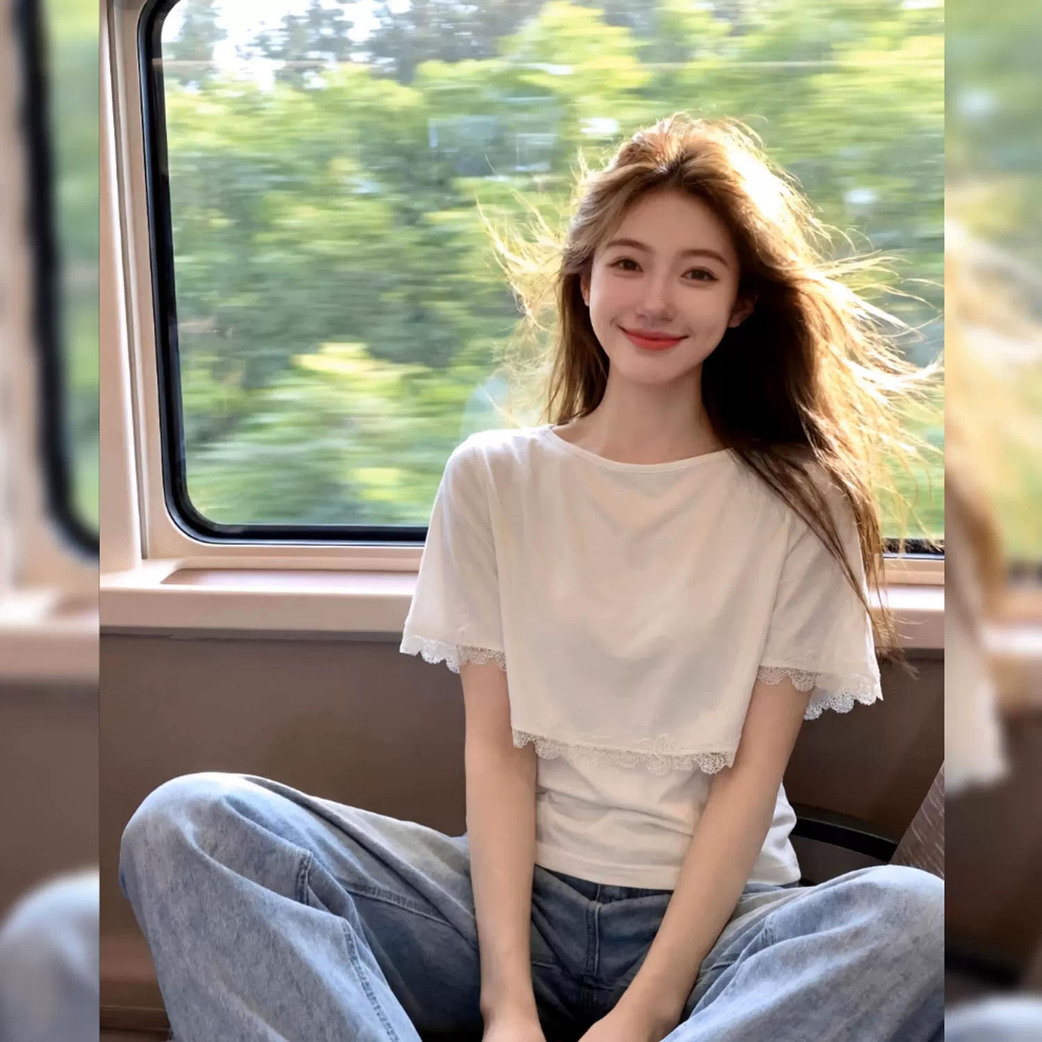 프랑스식 순수한 욕망 바람 핫걸 레이스 조각 페이크 레이어드 반팔 티셔츠 여성 여름 고급 센스 화이트 쇼트 스타일 맨위