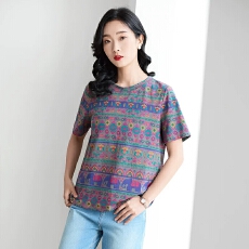 批发复古民族风印花圆领<b class='q'>t</b><b class='q'>恤</b>女2026新款夏季中老年<b class='q'>妈妈</b>时尚上衣