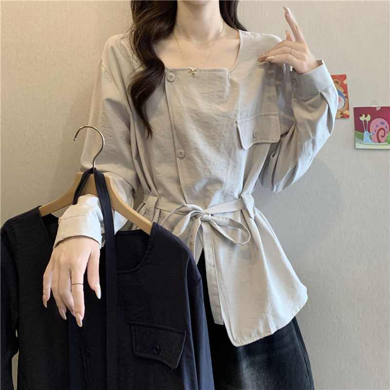 디자인 센스 프랑스식 스트랩 허리 수축 긴팔 여성 셔츠 가을 빅 사이즈 지방 mm 루즈핏 슬림해 보이는 광장 칼라 긍정적 인 어깨 의류
