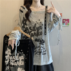 批发美式印花长袖t恤打底衫女早秋大码胖mm显瘦遮肚斜领露肩吊带上衣