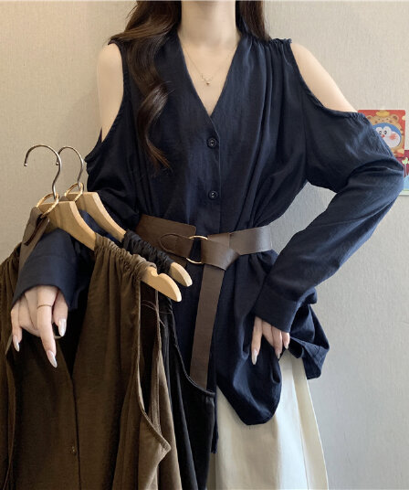 프랑스식 빛 요리 한 바람 품격 V넥 오프숄더 긴팔 여성 셔츠 가을 빅 사이즈 지방 mm 벨트 허리 수축 불규칙 맨위