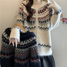 批发藏蓝色费尔岛提花拉链毛衣开衫女冬大码胖mm慵懒风外穿针织衫外套