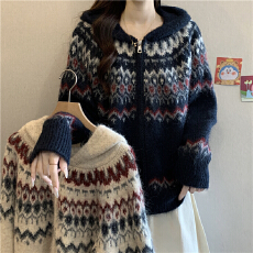 批发藏蓝色费尔岛提花拉链毛衣开衫女冬大码胖mm慵懒风外穿针织衫外套