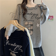 批发设计感绑带字母正肩长袖毛衣女秋冬大码胖mm宽松慵懒风针织衫上衣