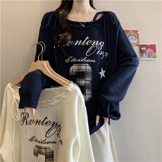 批发设计感绑带字母正肩长袖毛衣女秋冬大码胖mm宽松慵懒风针织衫上衣