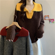 批发慵懒风撞色翻领正肩针织衫毛衣女秋<b class='q'>冬</b>大码胖mm宽松软糯遮肚子上衣