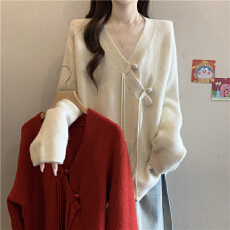 批发设计感交叉v领针织衫女秋<b class='q'>冬</b>季大码胖mm新中式盘扣上衣中长款毛衣