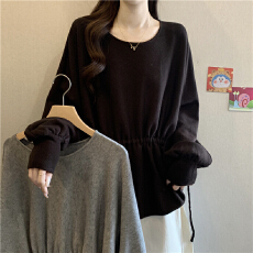 批发美拉德咖色正肩针织毛衣女2025秋<b class='q'>冬</b>季大码胖mm抽绳收腰不规则上衣