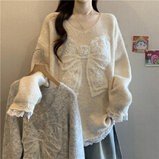 批发蕾丝蝴蝶结慵懒软糯毛衣女秋<b class='q'>冬</b>大码胖mm中长款独特漂亮针织衫上衣