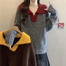 批发慵懒风撞色翻领正肩针织衫毛衣女秋<b class='q'>冬</b>大码胖mm宽松软糯遮肚子上衣