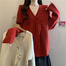 批发设计感交叉v领针织衫女秋<b class='q'>冬</b>季大码胖mm新中式盘扣上衣中长款毛衣