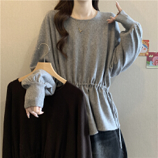 批发美拉德咖色正肩针织毛衣女2025秋<b class='q'>冬</b>季大码胖mm抽绳收腰不规则上衣