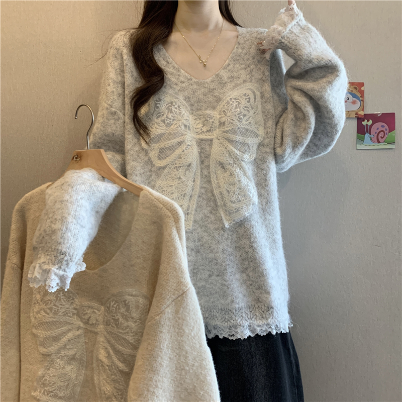 MY14798# 蕾丝蝴蝶结慵懒软糯毛衣大码胖mm中长款独特漂亮针织衫上衣...