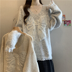 批发蕾丝蝴蝶结慵懒软糯毛衣女秋<b class='q'>冬</b>大码胖mm中长款独特漂亮针织衫上衣
