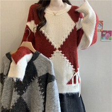 批发软糯复古红色菱格毛衣女秋冬大码胖mm设计感系带蝴蝶结针织衫上衣