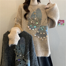 批发重工蝴蝶亮片提花针织衫毛衣女秋冬大码微胖mm洋气慵懒风软糯上衣