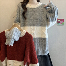 批发复古撞色菱形亮片正肩毛衣女2025冬大码胖mm显瘦马海毛针织衫上衣