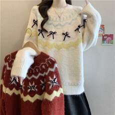 批发复古提花红色新年蝴蝶结毛衣女秋冬大码胖mm宽松慵懒风针织衫上衣