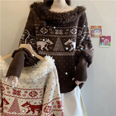 批发狐狸费尔岛大v领毛衣针织衫女秋冬大码胖mm宽松慵懒风设计感外套