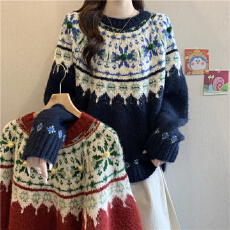 批发圣诞新年红色费尔岛毛衣女冬季2025大码胖mm复古撞色提花针织上衣