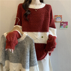 批发复古撞色菱形亮片正肩毛衣女2025冬大码胖mm显瘦马海毛针织衫上衣