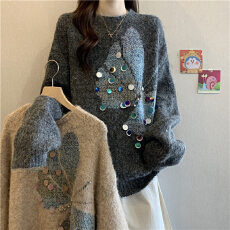 批发重工蝴蝶亮片提花针织衫毛衣女秋冬大码微胖mm洋气慵懒风软糯上衣