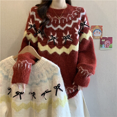 批发复古提花红色新年蝴蝶结毛衣女秋冬大码胖mm宽松慵懒风针织衫上衣