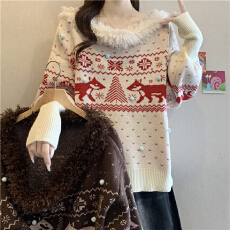 批发狐狸费尔岛大v领毛衣针织衫女秋冬大码胖mm宽松慵懒风设计感外套