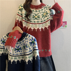 批发圣诞新年红色费尔岛毛衣女冬季2025大码胖mm复古撞色提花针织上衣