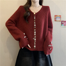 批发新年红色小香风针织开衫女2025秋冬大码胖mm独特漂亮别致<b class='q'>毛衣</b>外套