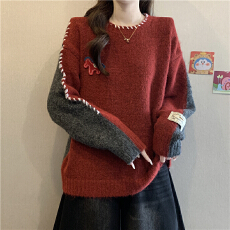 批发红色小马撞色拼接针织衫<b class='q'>毛衣</b>女2025秋冬微胖mm本命年洋气减龄上衣