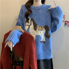 批发马上有钱新年红色小马提花<b class='q'>毛衣</b>女2025秋冬洋气减龄马海毛针织上衣